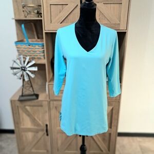 Judy P Women's Lg Tunic Light Blue V-Neck 3/4 Sleeve Stretchy Casual Minimalist